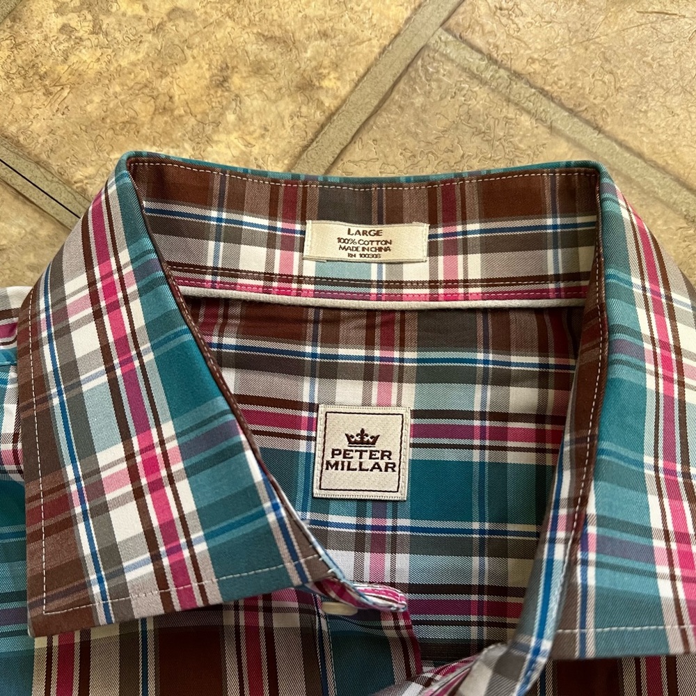 Peter Millar Plaid Casual Dress Button Shirt Mens Adult Size Large